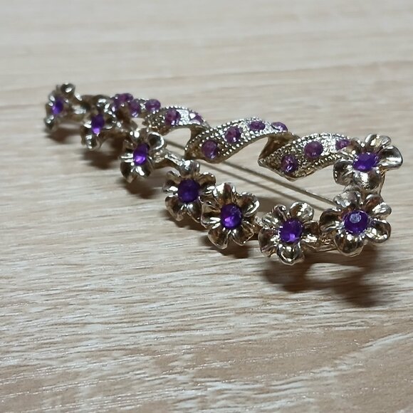 Vintage Silver Tone with Purple Faux Stone Flower Metal Pin Brooch #4 - Picture 2 of 11